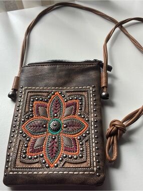 American Bling Brown Embroidered Floral Leather Crossbody Bag - Boho Accent